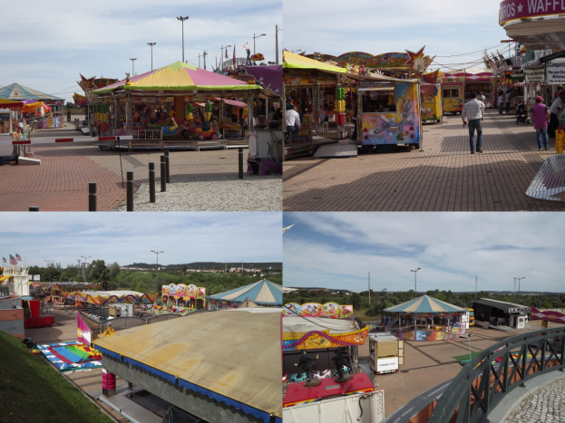 Ein Karnevalsbild mit verschiedenen Fahrgeschäften, Buden, Menschen, Pfählen, Lichtern, Bäumen und einem bewölkten Himmel, mit einem Wasserzeichen.