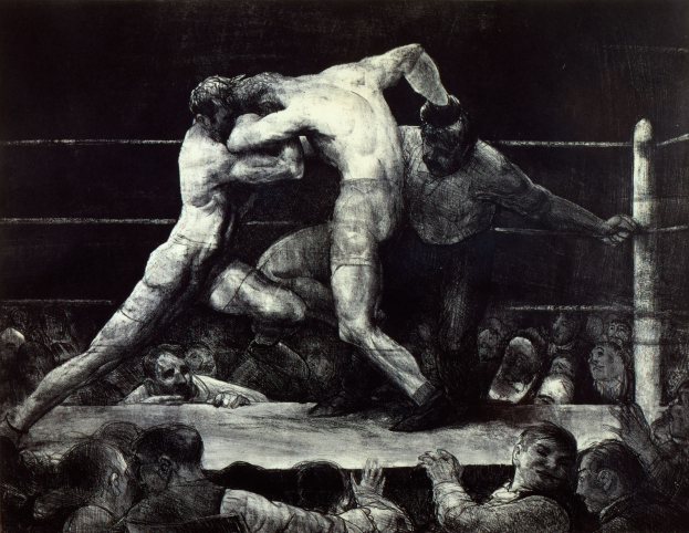 Zwei Boxer im Boxring tauschen Schläge aus, während eine jubelnde Menge zusieht.