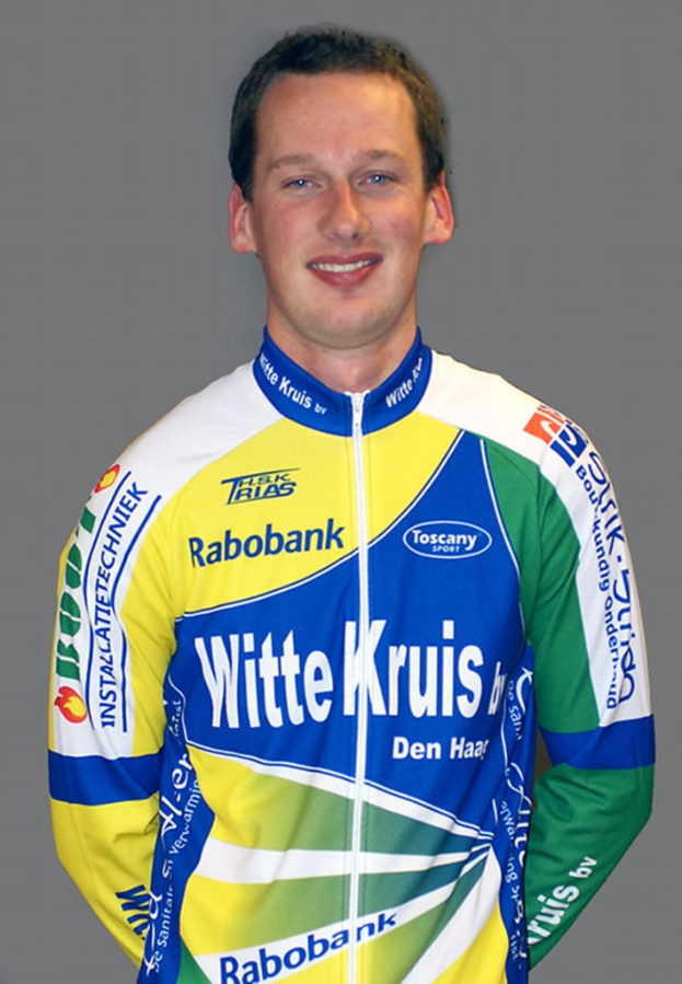 Ein männlicher Sportler, der für ein Foto posiert und auf seinem Hemd sichtbare Sponsorenlogos hat.