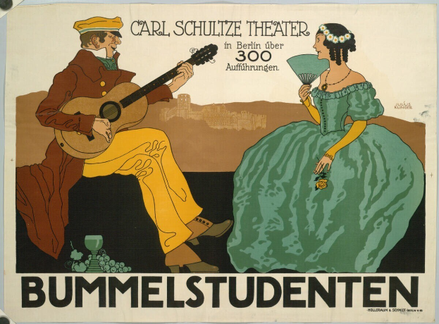 Plakat für ein Konzert im Carl-Schulze-Theater in Berlin mit einem Mann, der eine Gitarre spielt, und einer Frau, die ein Fächer hält, mit Text.