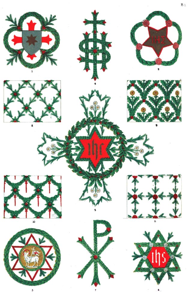 Eine Buchseite mit verschiedenen kunstvoll gestalteten Weihnachtskränzen mit einzigartigen Mustern und festlicher Schrift in einer Weihnachtsschriftart.