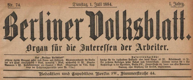 Altes deutsches Zeitungsblatt "Berliner Volksblatt" von 1884, gelb und in schwarzer Tinte gedruckt.