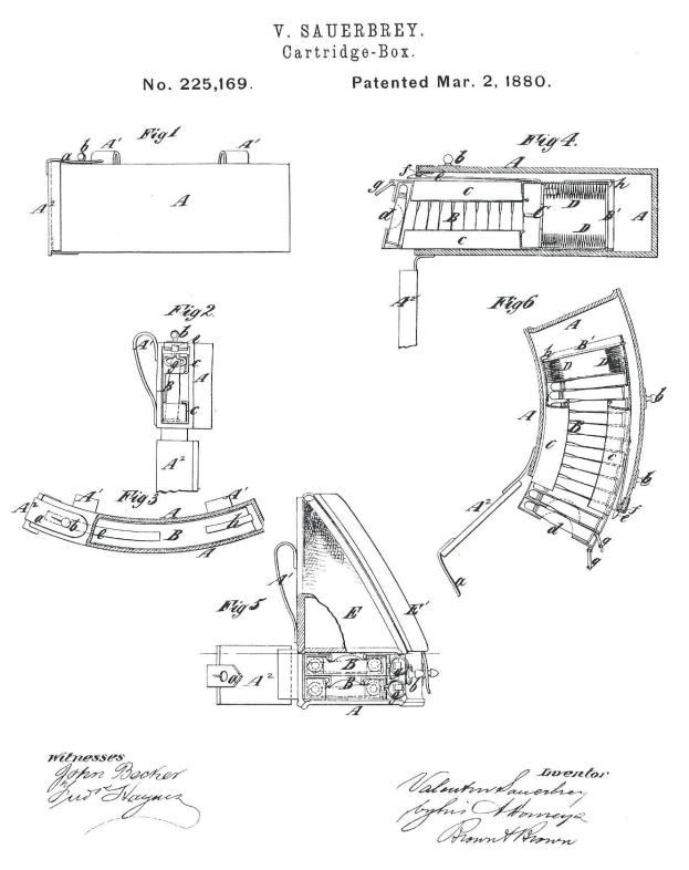 Ein detailliertes technisches Zeichnung einer Maschine mit zahlreichen beschrifteten Teilen, einschließlich einer patentierten Patronenkassette aus dem Jahr 1880, begleitet von erklärendem Text.