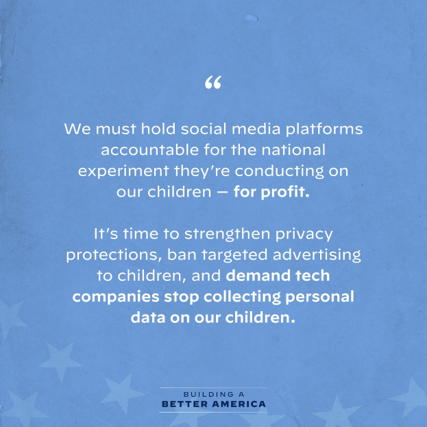 Plakat mit einem Zitat aus Building a Better America, das besagt, dass soziale Medienplattformen für das Experimentieren an Kindern zu Geld verpflichtet werden sollten, dekoriert mit Sternen.