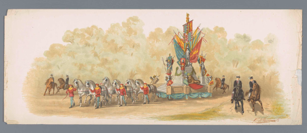 Ein Bild eines Karnevals-Umzugs mit Menschen in bunten Kostümen auf Pferden vor einem geschmückten Schwimmwagen, unter einem klaren blauen Himmel mit Bäumen im Hintergrund.