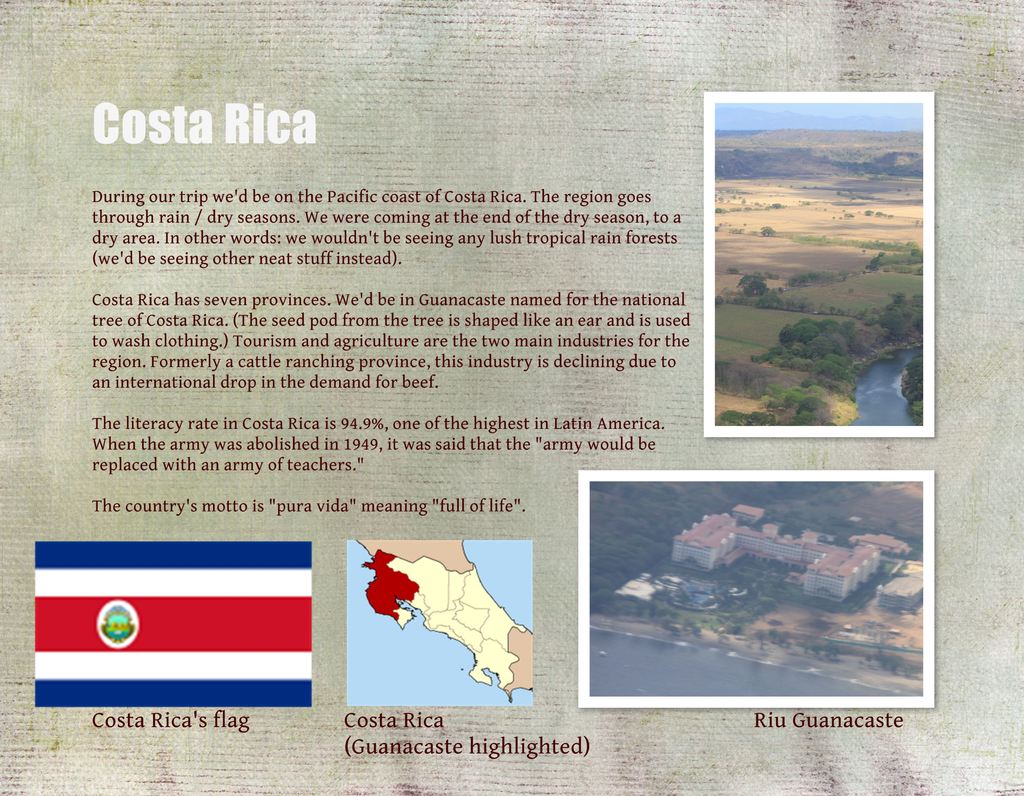 Ein Plakat mit der Aufschrift "Costa Rica", Bildern verschiedener Orte, Karten und der Flagge des Landes.
