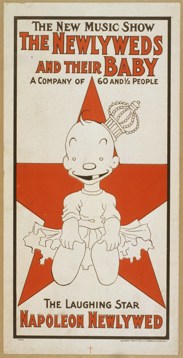 Plakat für "The New Music Show: The Newlyweds and Their Baby" mit einer Cartoon-Baby in einem weißen Strampler mit einer pinken Schleife, das gegen einen hellblauen Hintergrund mit verstreuten Sternen lächelt.