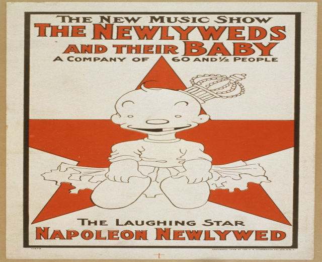 Plakat für "The New Music Show: The Newlyweds and Their Baby" mit einer Cartoon-Baby in einem weißen Strampler mit einer pinken Schleife, das gegen einen hellblauen Hintergrund mit verstreuten Sternen lächelt.