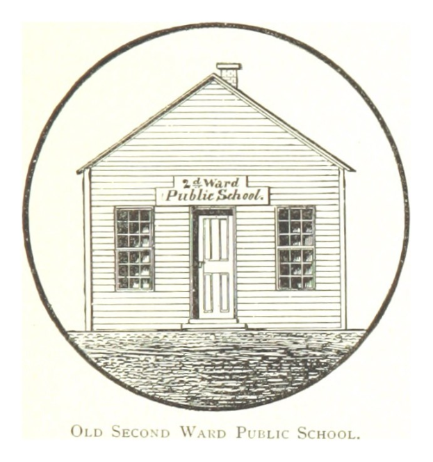 Ein zweistöckiges Backsteinschulgebäude mit einem zentralen Haus mit einer Tür und Fenstern, beschriftet mit "Zweite Ward Public School".