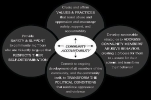 Ein Kreis mit "Gemeinschaftsverantwortung" in der Mitte, umgeben von drei überlappenden Kreisen, die durch Pfeile verbunden sind, alles in hellen, leuchtenden Farben.