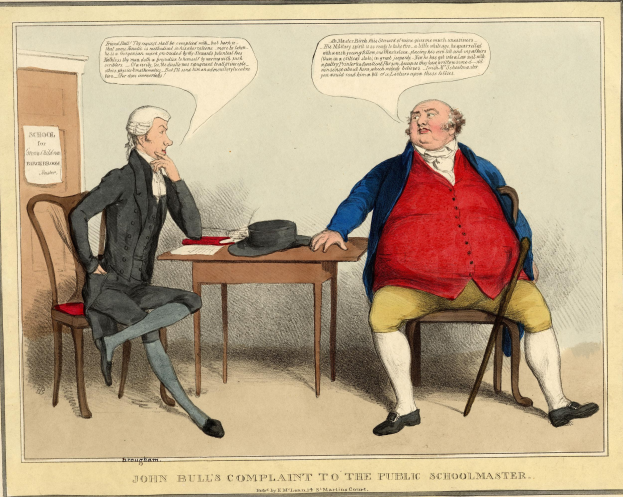 John Bull steht einem sitzenden Schuldirektor gegenüber an einem Tisch mit einem Hut und Papieren, während eine weitere Person in der Nähe sitzt; eine Tür und ein Papier an der Wand sind im Hintergrund sichtbar.