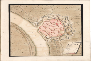 Ein altes Buch mit einem detaillierten Stadtplan von Bonn, Frankreich, einschließlich Straßen, Gebäuden und Sehenswürdigkeiten, begleitet von Texten über die Bevölkerung, Geschichte und Kultur der Stadt.