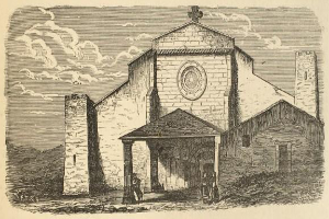 Eine Gravur der Kirche des Heiligen Grabes mit einer Uhr an der Vorderseite, umgeben von Menschen und einem bewölkten Himmel, mit Text unten, der "Kirche des Heiligen Grabes" lautet.