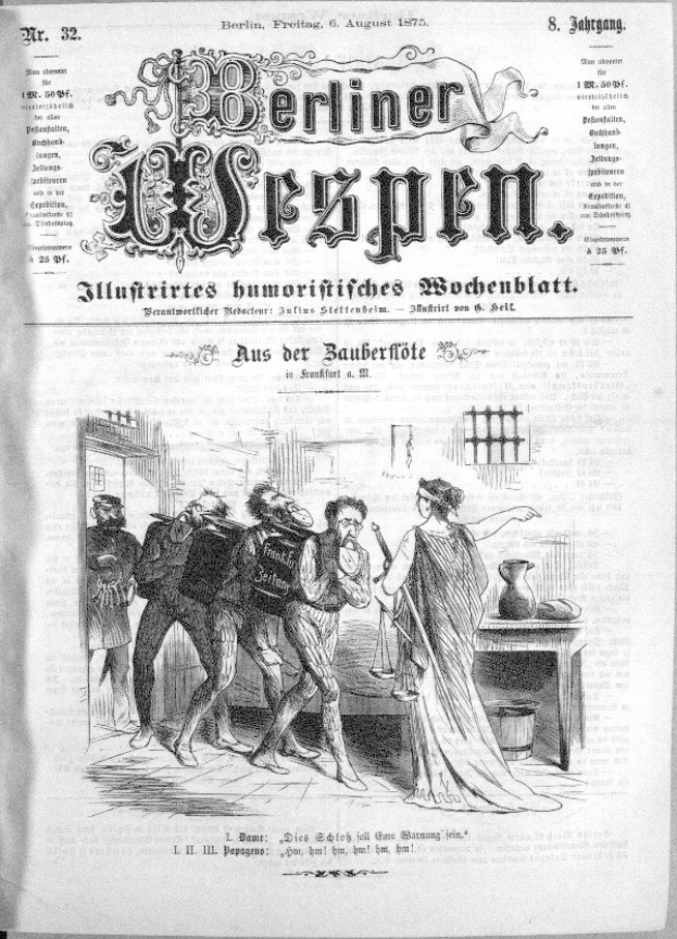 Schwarz-weiß-Zeichnung aus einer Berliner Zeitung vom 6. August 1875, die eine Gruppe verängstigter Menschen zeigt, einige schauen nach oben in Angst und andere nach unten in Verwirrung.