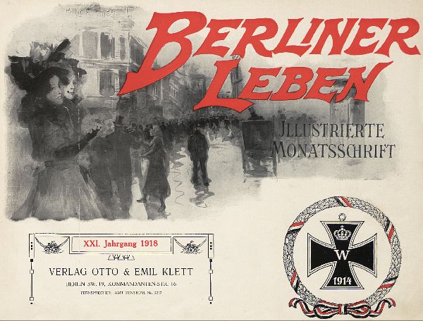 Ein altes Buchcover mit einer Gruppe von Menschen in festlicher Stimmung, mit dem Text 'Berliner Leben' und einem Logo, das mit der deutschen Armee in Verbindung steht.