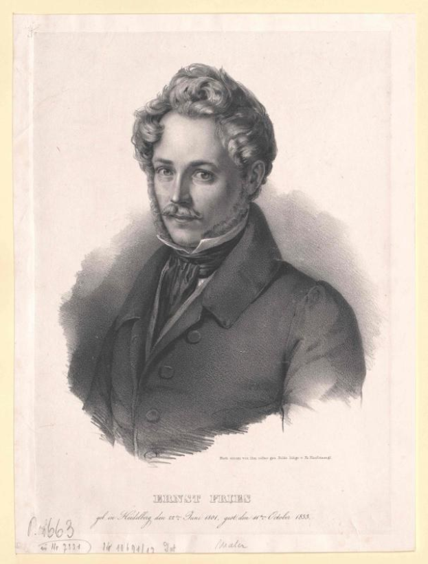 Schwarzes und weißes Porträt von Ernst Frühls, einem deutschen Komponist und Pianisten, der einen Anzug trägt und einen Schnurrbart hat sowie einen ernsten Gesichtsausdruck hat, mit deutschem Text unten.