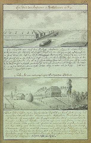 Altes Buch mit einer 17. Jahrhundert-Illustration eines Bahnhofes im Bau, mit Text, Häusern, Bäumen und anderen Gegenständen.