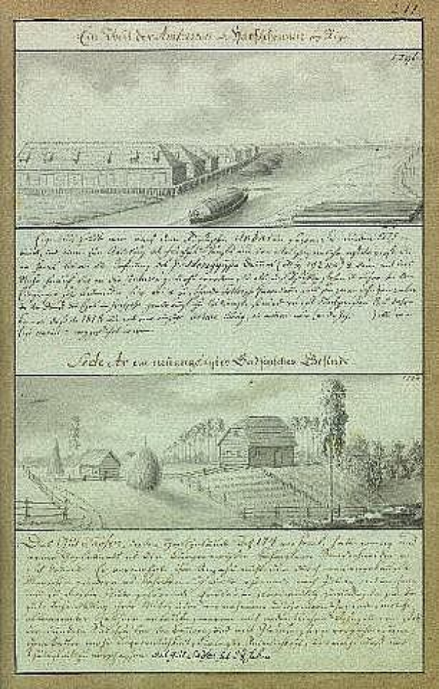 Altes Buch mit einer 17. Jahrhundert-Illustration eines Bahnhofes im Bau, mit Text, Häusern, Bäumen und anderen Gegenständen.