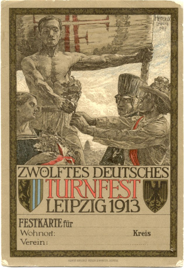 Plakat für das Zwölfte Deutsche Turnfest Leipzig 1913, das eine Gruppe von Menschen in der Mitte mit Text zeigt, der die Veranstaltung Details enthält.