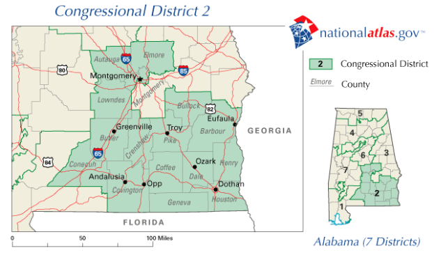 Eine detaillierte Karte des Kongressbezirks 2 von Alabama, die die Bezirksgrenzen, Namen und ein Schild-Logo mit einem zentralen Stern zeigt.