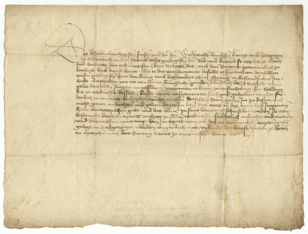 Ein vergilbtes, altes Papier mit sauberer, lesbarer Schreibschrift, das mutmaßlich ein Brief des deutschen Finanzministers an seine Frau ist.