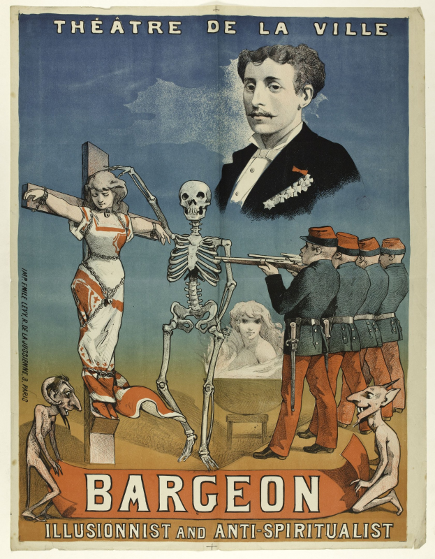 Plakat für das Théâtre de la Ville in Paris mit einem Skelett mit ausgestreckten Armen und verängstigten Menschen, mit der Aufschrift "Bargeon Illusionist und Anti-Spiritualist."