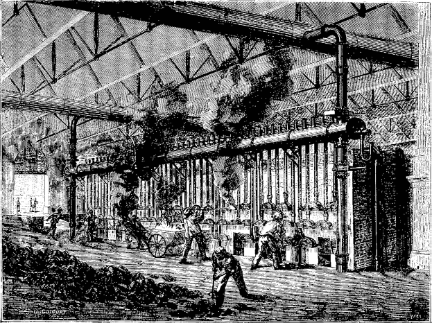 Schwarz-weiß-Illustration einer hektischen Stahlfabrik der 1910er Jahre mit Arbeitern, Maschinen und Industrieausrüstung.