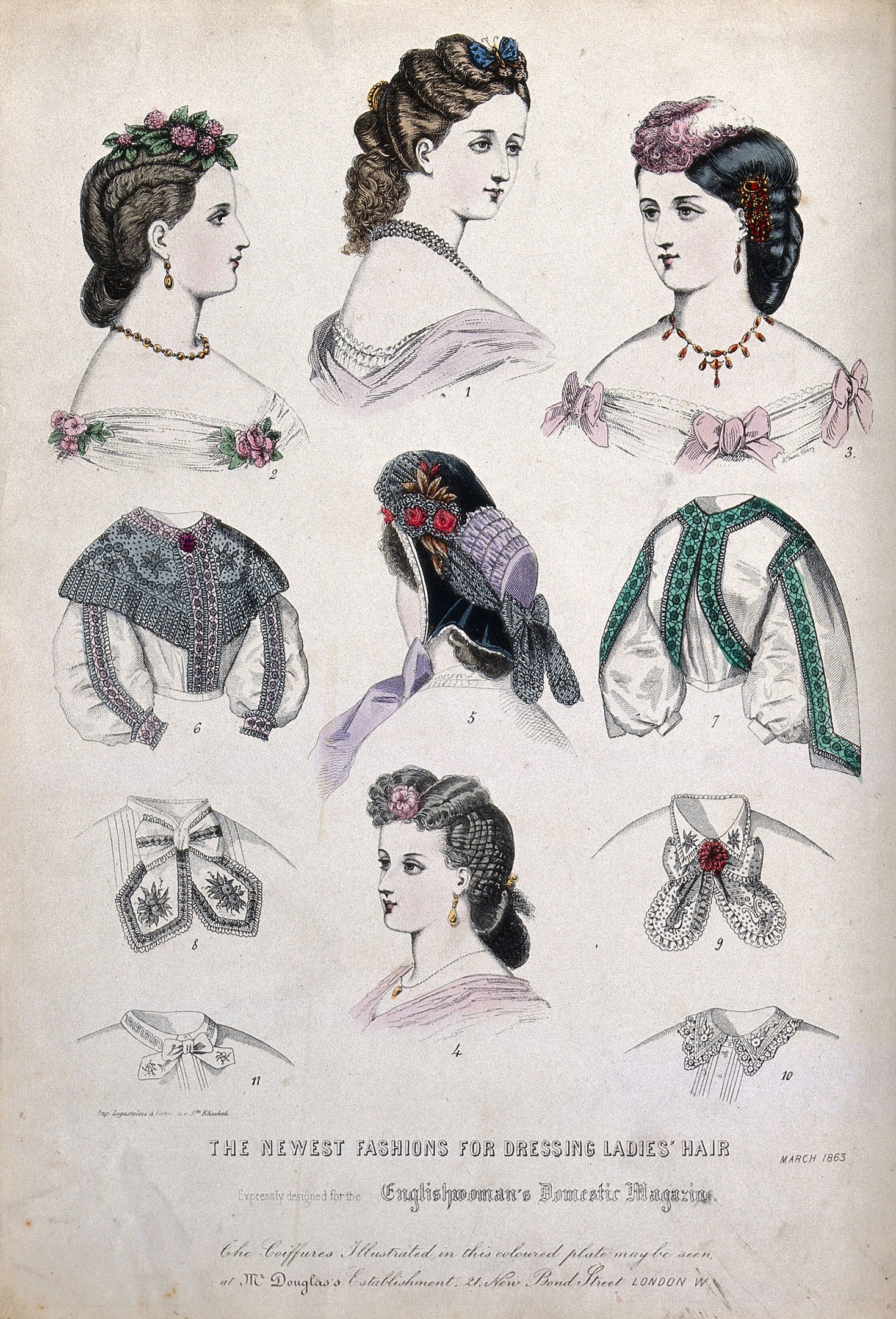 Eine Broschüre mit dem Titel "Die neuesten Moden für die Frisur von Damen" mit Abbildungen von Frauen in verschiedenen Kleidern und Frisuren, von lang und gewellt bis kurz und lockig, mit Kleidern in hellen und dunklen Farben.