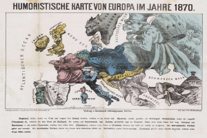Ein Plakat mit einer Europakarte aus dem Jahr 1870, umgeben von Cartoon-Illustrationen und der Inschrift "Humoristische Karte von Europa im Jahre 1870".