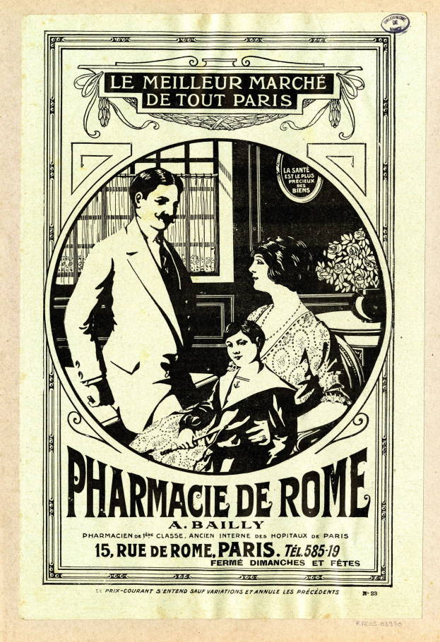 Schwarz-weiß-Anzeige für eine Apotheke in Rom, auf der ein Mann und eine Frau nebeneinander stehen und Text über die Apotheke und ihre Dienstleistungen.