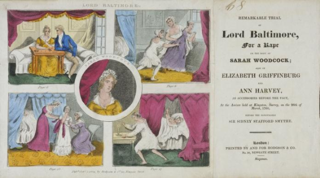 Ein historisches Dokumentenbild, das eine Verhandlungsszene mit Porträts, Vorhängen und Text zeigt.