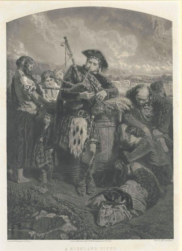 Schwarze und weiße Gravur eines Mannes, der eine Dudelsack spielt, mit einer Gruppe von Menschen und einem bewölkten Himmel im Hintergrund, beschriftet mit "A Highland Pipe" unten.