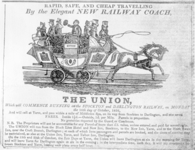 Schwarze und weiße Zeitungsanzeige für den Verband, die eine Kutsche mit mehreren Personen zeigt, begleitet von Text.