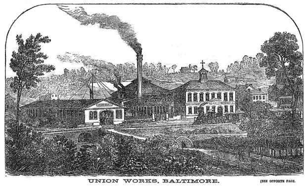 Schwarze und wei├če Zeichnung von Union Works in Baltimore, Maryland, mit Gebaeuden, Baeumen und Rauch im Hintergrund und Text unten.