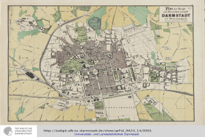 Ein detaillierter alter Stadtplan von Darmstadt, Deutschland, der Straßen, Gebäude und Sehenswürdigkeiten zeigt.