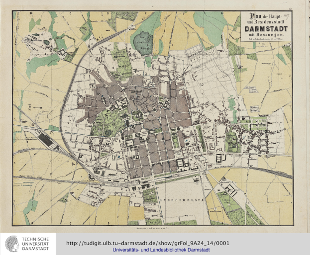 Ein detaillierter alter Stadtplan von Darmstadt, Deutschland, der Straßen, Gebäude und Sehenswürdigkeiten zeigt.