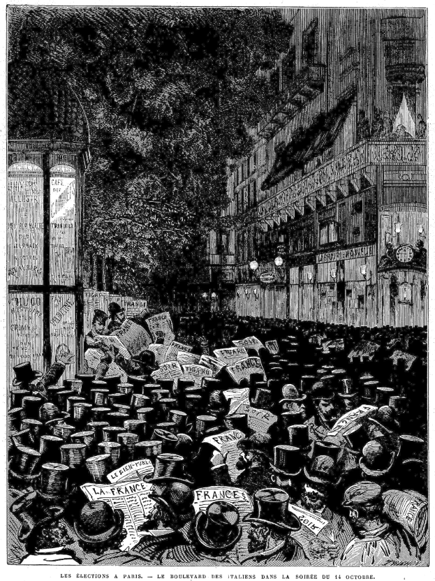Schwarz-weiß-Illustration einer Menschenmenge auf einer Pariser Straße mit einem Gebäude auf der rechten Seite und einem Baum im Hintergrund, betitelt "Les élections à Paris, le boulevard des italiens dans la soirée du 16 octobre 1885."