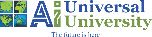 Ein blauer Kreis mit einer weißen Umrandung und einem weißen Stern in der Mitte, umgeben von einem weißen Ring mit den Worten "Universal University" in blau geschrieben, mit dem Text "The Future is Here" darunter in fetter, schwarzer Schrift.