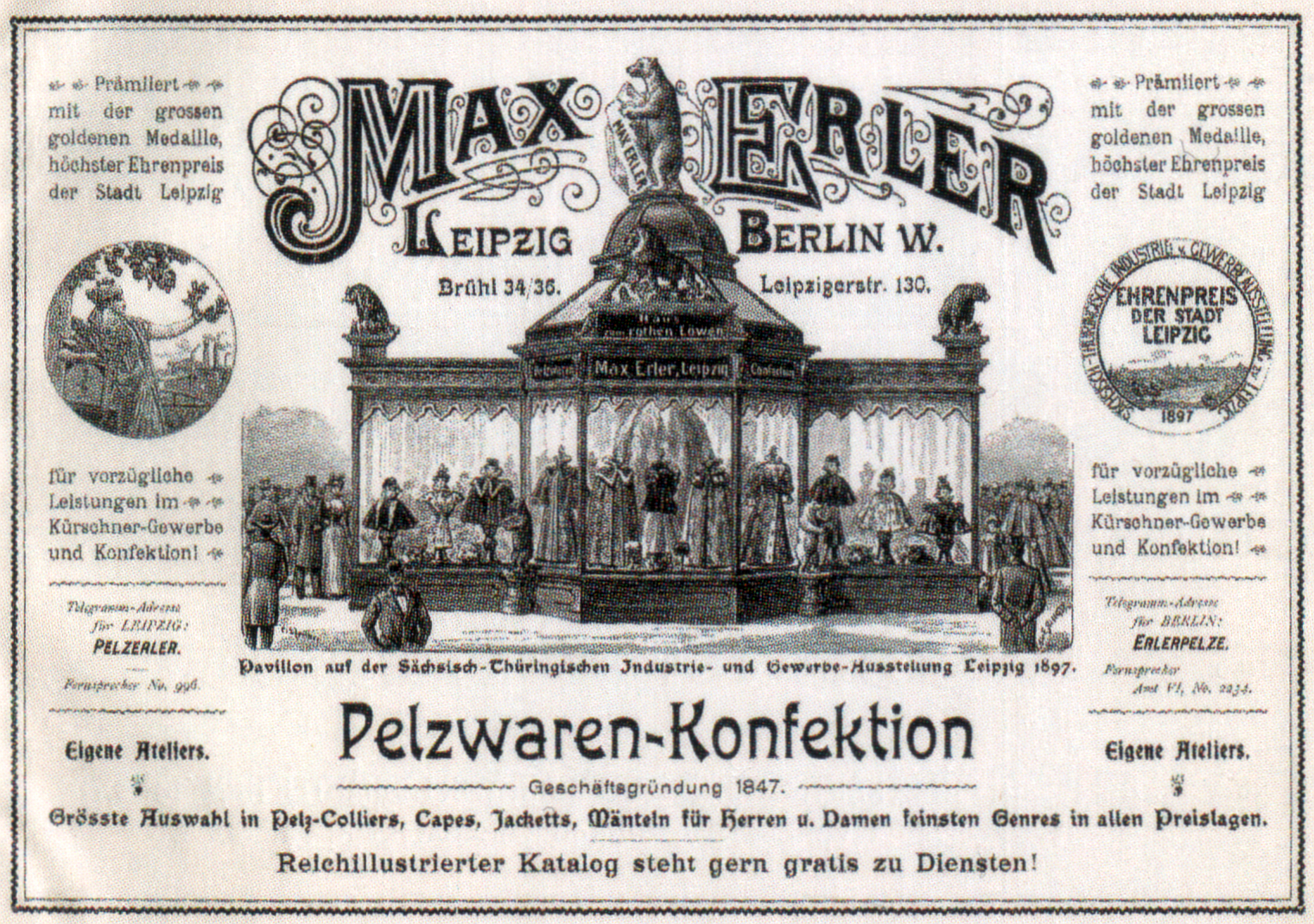 Eine Vintage-Reklame für Max Erler Leipzig in Berlin, Deutschland, die eine Gruppe von Menschen vor einem Gebäude zeigt.