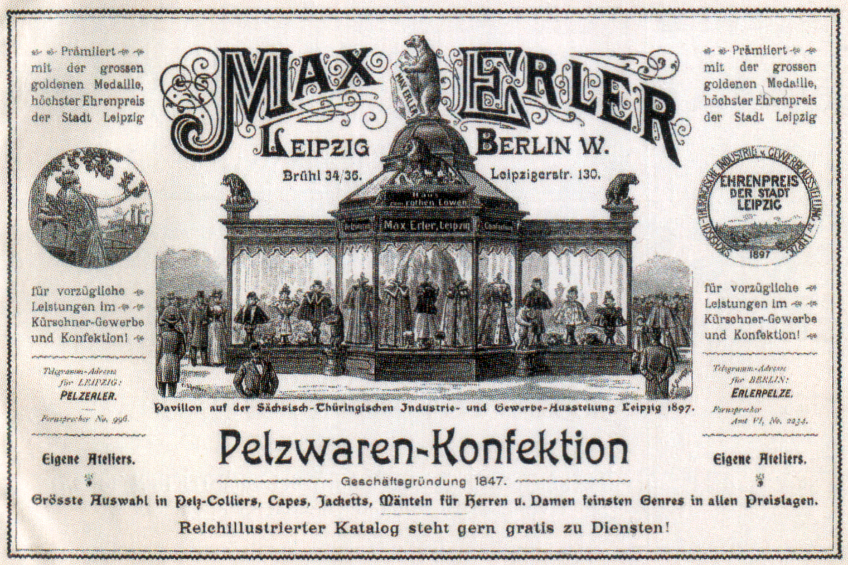 Eine Vintage-Reklame für Max Erler Leipzig in Berlin, Deutschland, die eine Gruppe von Menschen vor einem Gebäude zeigt.