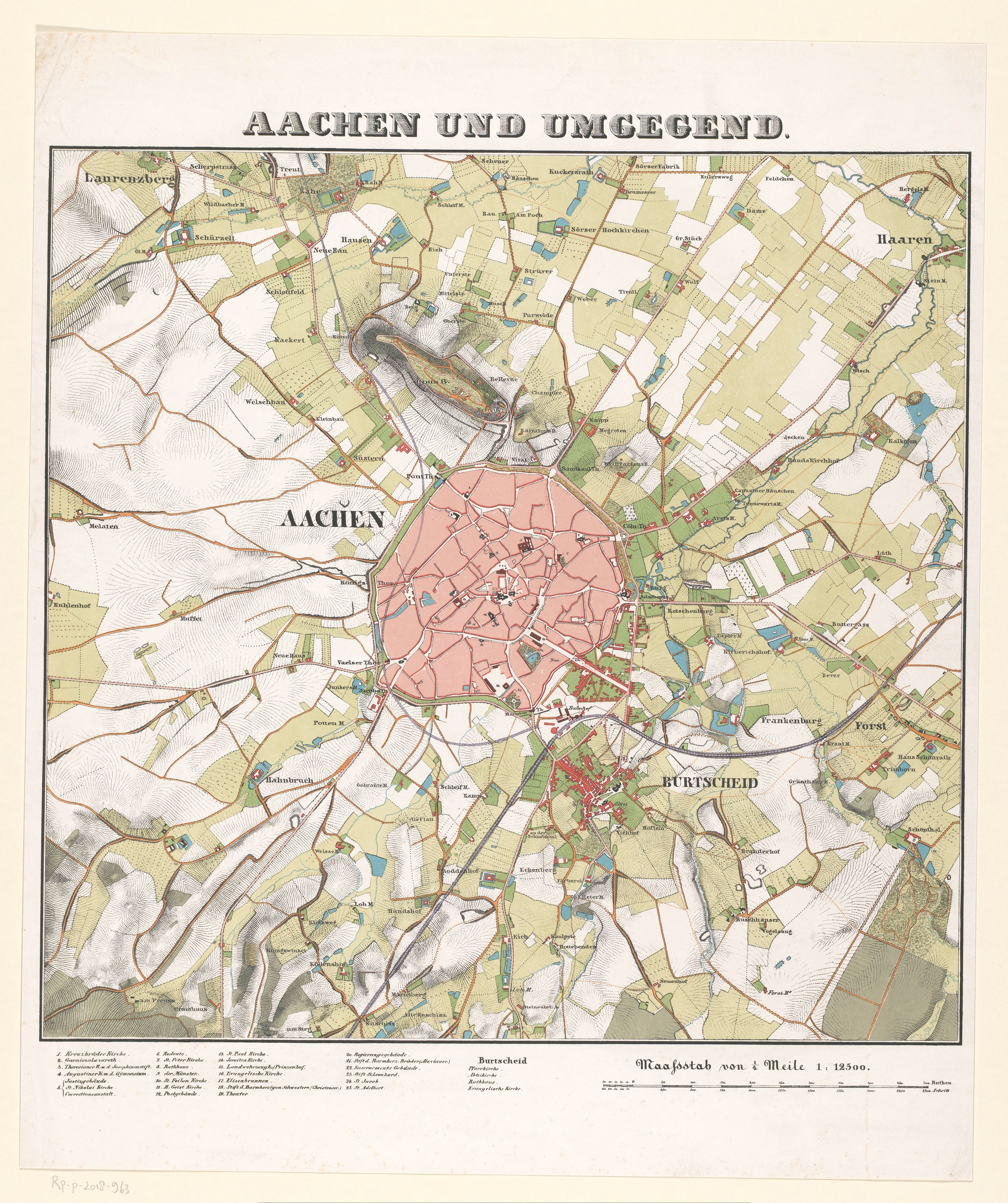 Ein detaillierter alter Stadtplan von Aachen, Deutschland, der Straßen, Gebäude und Sehenswürdigkeiten zeigt, mit Text oben und unten auf dem Papier.