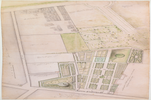 Ein detaillierter Stadtplan auf Papier, der Gebäude, Bäume und Text mit Straßennamen, Parks und Sehenswürdigkeiten zeigt.