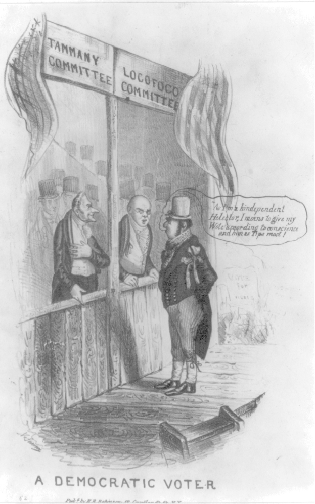 Ein Mann in einem Anzug steht entschlossen vor einer Tür, die mit 'Ein demokratischer Wähler' beschriftet ist.