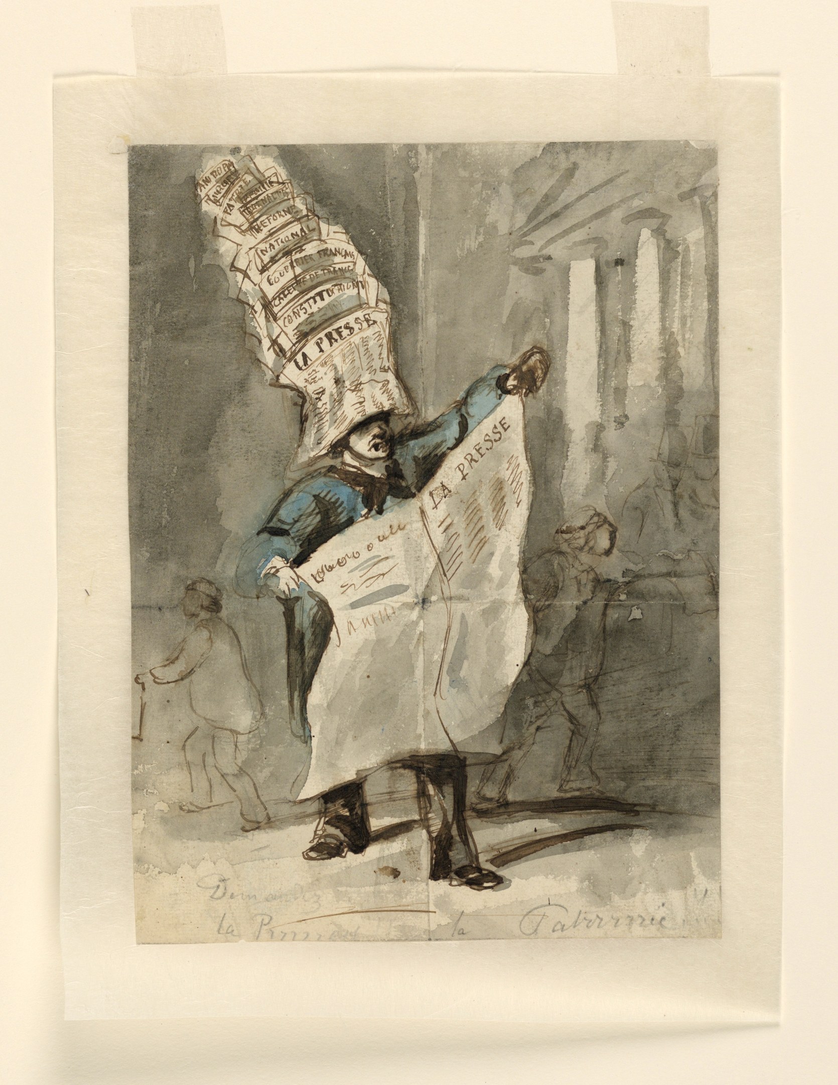 Ein Mann mit einer Zeitung auf dem Kopf, der eine Mütze trägt und entschlossen aussieht, steht vor einer Gruppe erwartungsvoller Menschen.