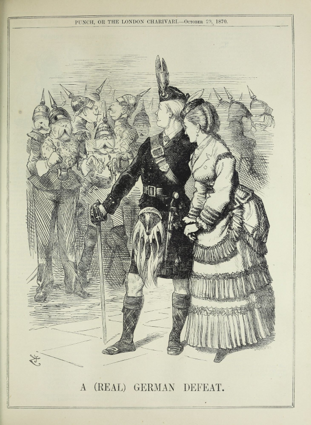 Ein Mann und eine Frau stehen vor einer Menge, der Mann hält einen Stock, auf einem Papier mit deutscher Schrift und Zahlen, die eine Niederlage anzeigen.