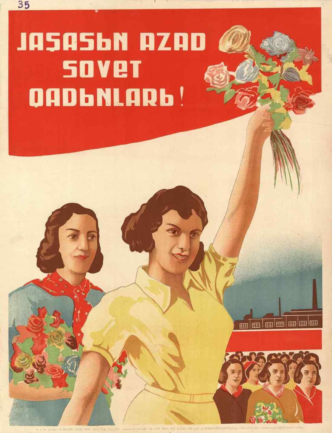 Sowjetisches Propagandaplakat zum Internationalen Frauentag, das eine Frau mit Blumen zeigt, umgeben von einer Menge und einem Gebäude, mit der Aufschrift "Frauentag."