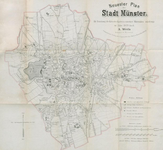 Detailreiche Karte von Stadt Münster, Deutschland, aus dem Jahr 1873 mit Textanmerkungen.