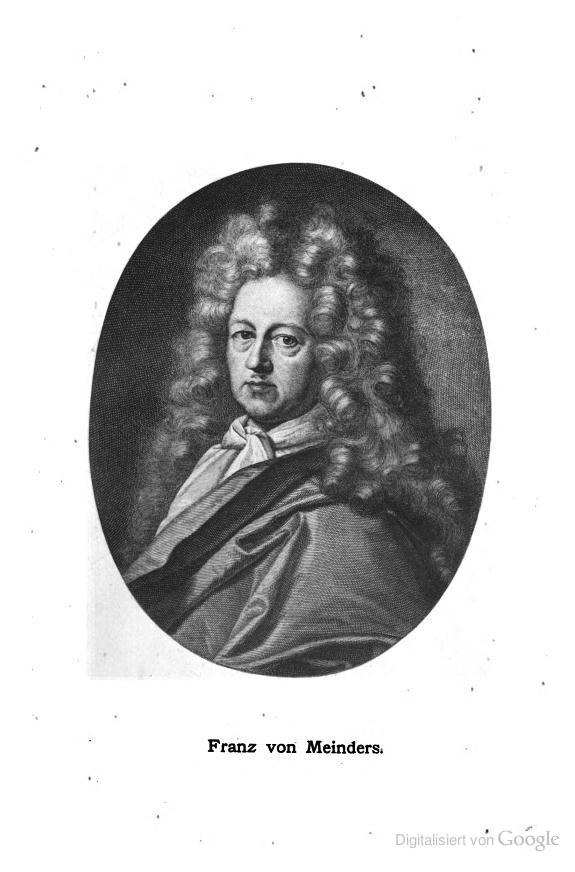 Schwarz-weiß-Portr├Ąt von Franz von Meinders, einem deutschen Komponisten mit langen Locken, und deutschem Text unten.