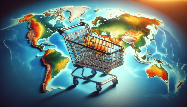 Ein Einkaufswagen voller Lebensmittel vor einer Weltkarte, symbolisiert den globalen E-Commerce und seine Umweltauswirkungen.