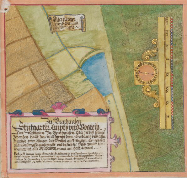 Ein illuminiertes Manuskript mit einer detaillierten Karte von Stuttgart, Deutschland, mit begleitendem Text, der die Stadt beschreibt.